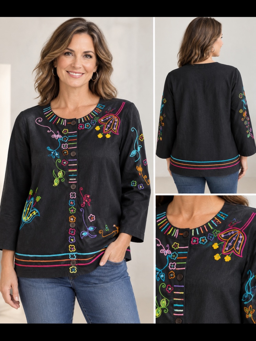Michael Simon Lite Embroidered Fans Flowers vintage button top